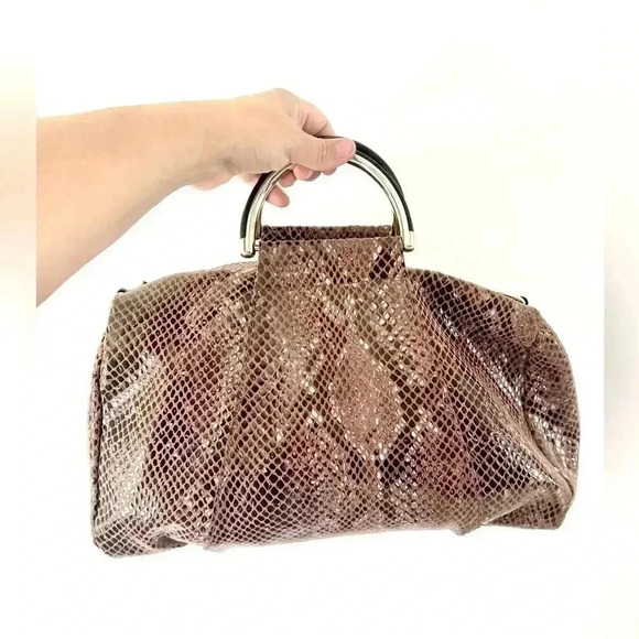 Bobby Schandra Light Brown Patent Leather Snake Skin Print Satchel Bag - Picture 3 of 13